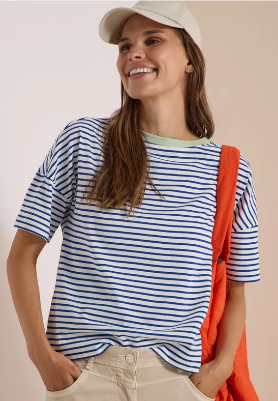 Gestreiftes Baumwollshirt mit Kontrastdetail