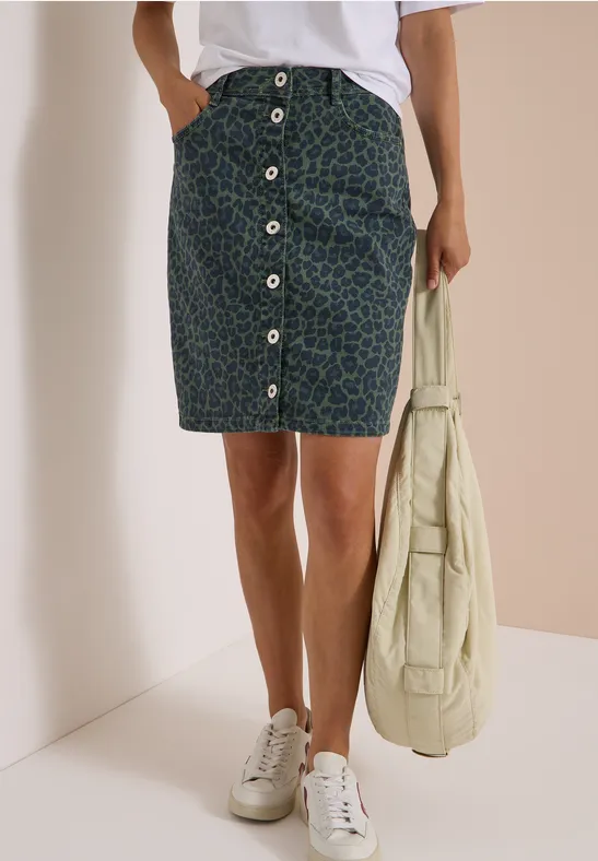 Jeansrock mit Leopardenmuster und Knopfleiste
