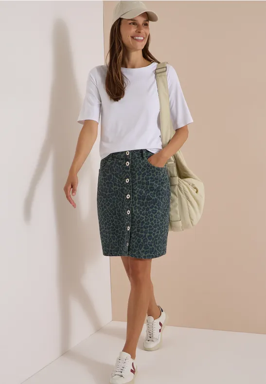 Jeansrock mit Leopardenmuster und Knopfleiste