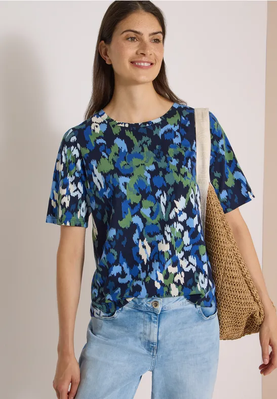 T-Shirt mit abstraktem Print und U-Boot-Ausschnitt