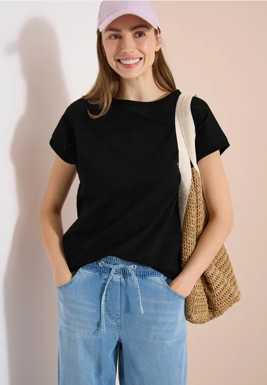 Strukturiertes Baumwoll-T-Shirt mit U-Boot-Ausschnitt