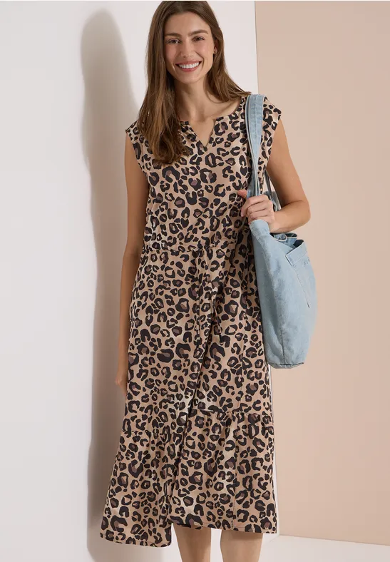 Midi-Kleid mit Leo-Print und Tunnelzug