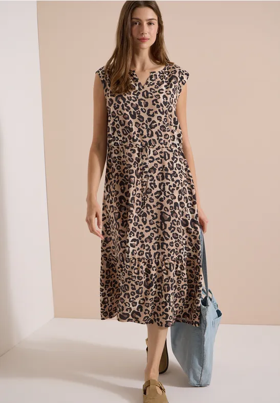 Midi-Kleid mit Leo-Print und Tunnelzug