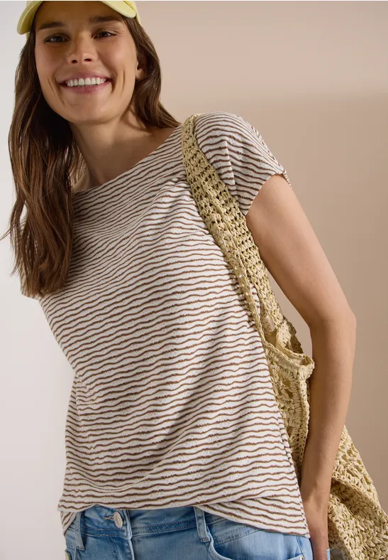 Strukturiertes Streifen-Shirt mit U-Boot-Ausschnitt