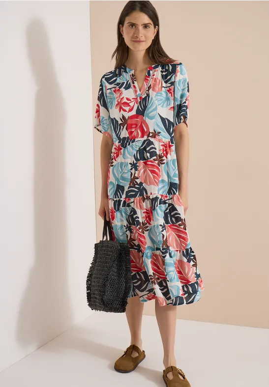 Stufen-Midikleid mit Blätter-Print