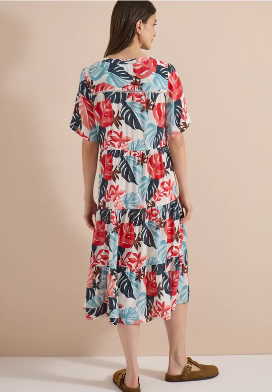Stufen-Midikleid mit Blätter-Print