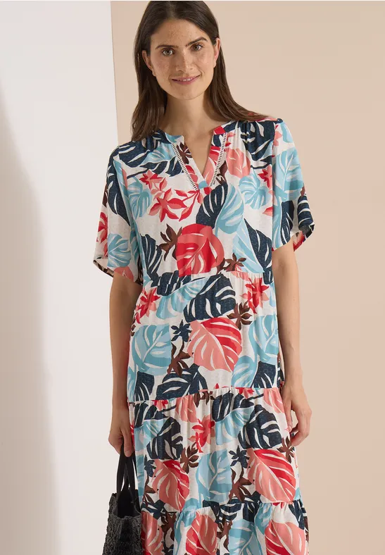 Stufen-Midikleid mit Blätter-Print