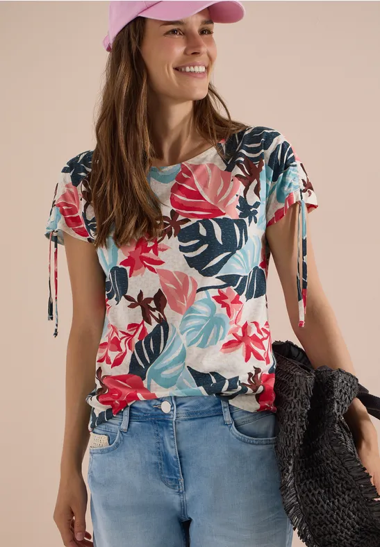 T-Shirt mit Blattmuster und Raffung