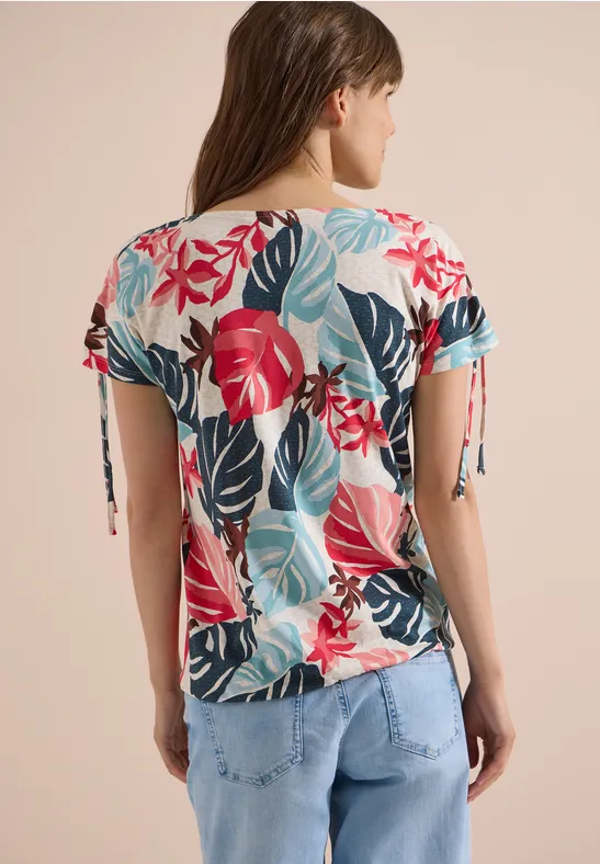 T-Shirt mit Blattmuster und Raffung