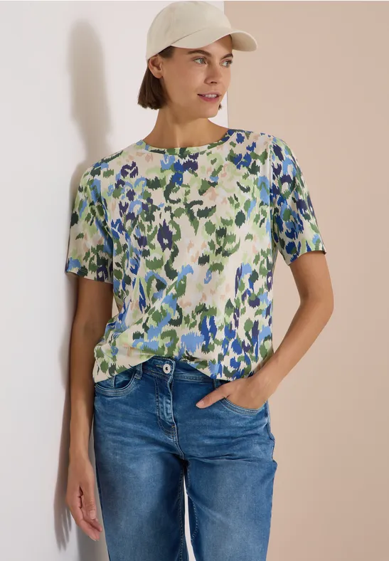 Bedrucktes Baumwollshirt mit U-Boot-Ausschnitt