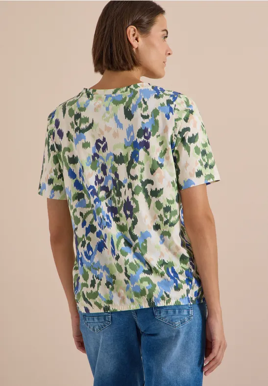 Bedrucktes Baumwollshirt mit U-Boot-Ausschnitt