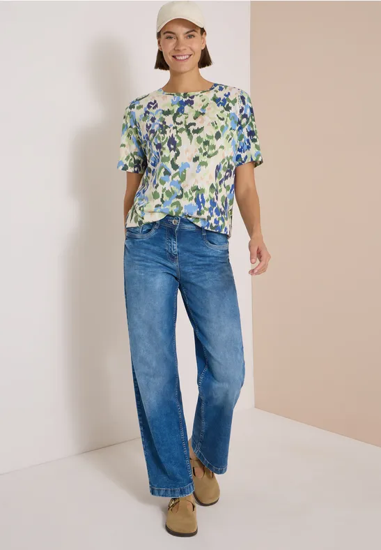 Bedrucktes Baumwollshirt mit U-Boot-Ausschnitt