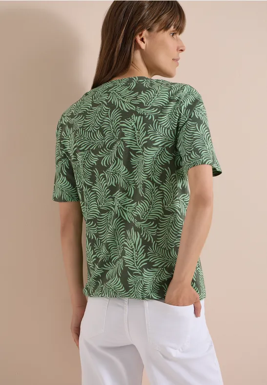 Top mit Blätterprint und Schlitz-Ausschnitt