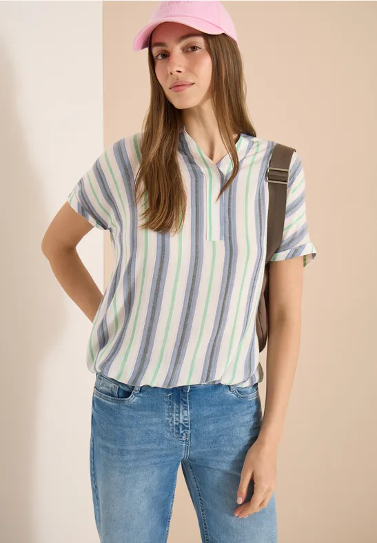 Gestreifte Kurzarmbluse mit Split-Neck