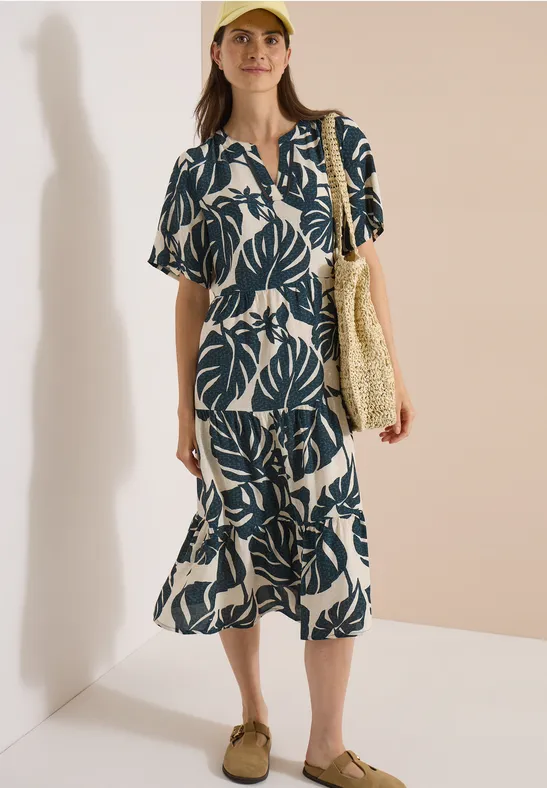 Gestuftes Midikleid mit Blätterprint