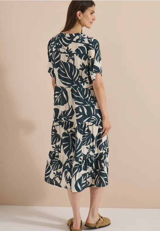 Gestuftes Midikleid mit Blätterprint