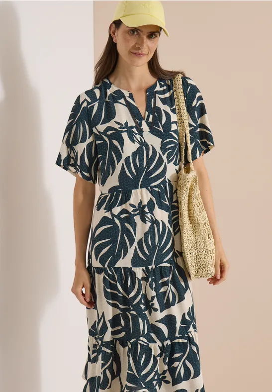 Gestuftes Midikleid mit Blätterprint