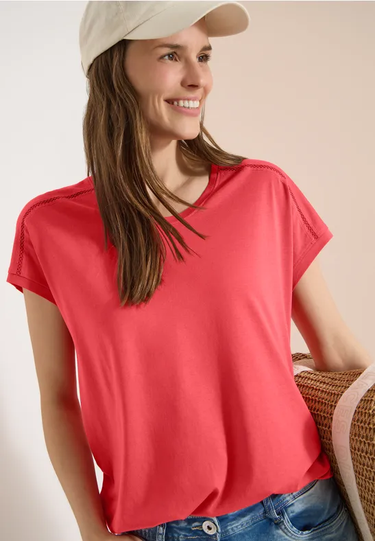 Jersey-Shirt mit V-Ausschnitt und Spitze