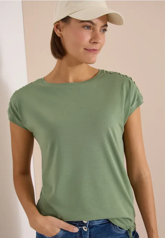 Kurzarmshirt mit U-Boot-Ausschnitt und Raffung