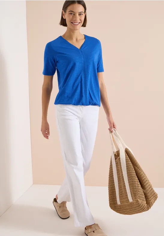 V-Ausschnitt Slub-Shirt mit elastischem Saum