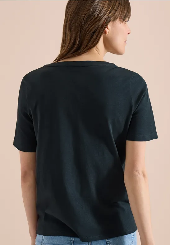 Kurzarm-Shirt mit Split-Neck und Bindebändern