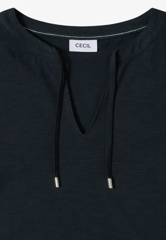 Kurzarm-Shirt mit Split-Neck und Bindebändern
