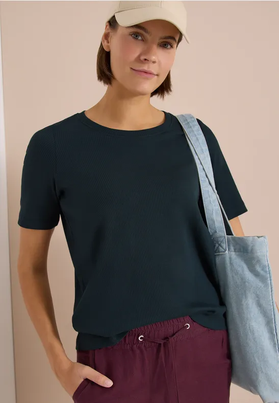 Geripptes Kurzarm Basic T-Shirt