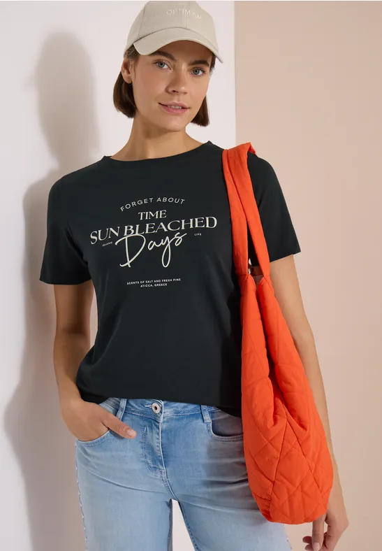 T-Shirt mit U-Boot-Ausschnitt und Wording-Print