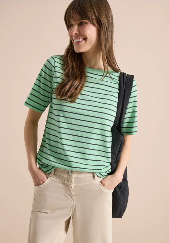 Gestreiftes Baumwollshirt mit U-Boot-Ausschnitt
