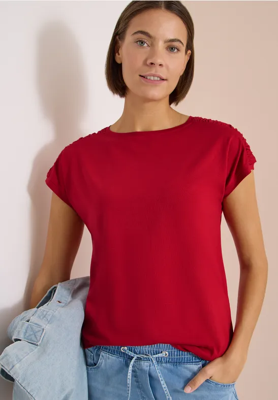 Kurzarm-Shirt mit U-Boot-Ausschnitt und Raffung