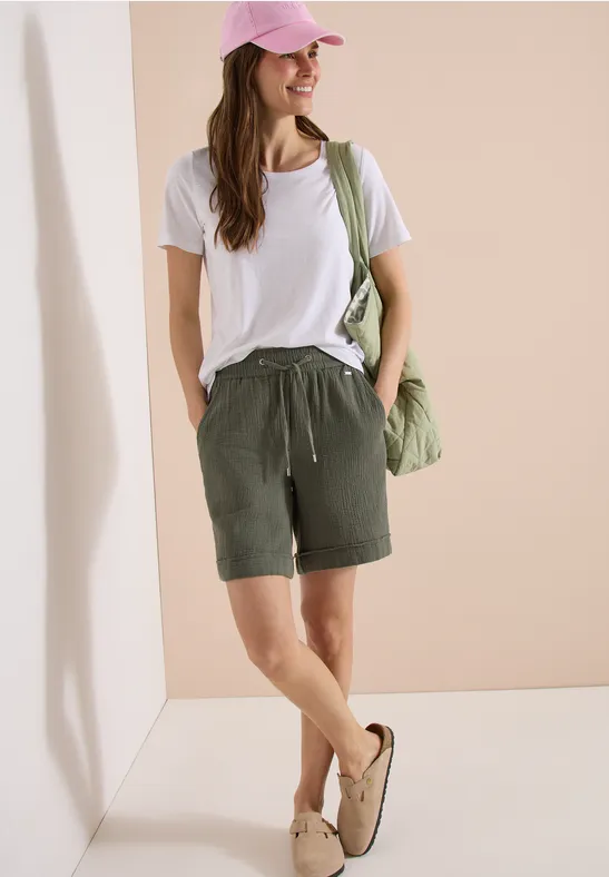 Gerade geschnittene Musselin-Shorts mit Kordelzug