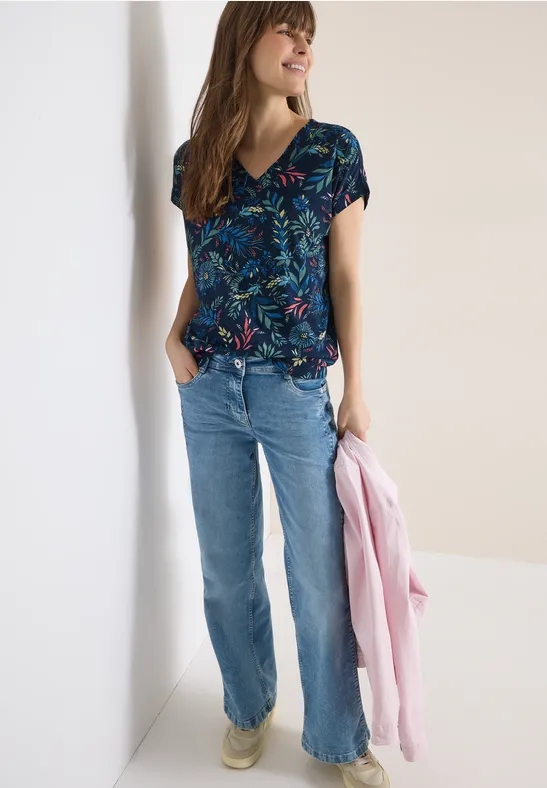 Floral-Print Shirt mit V-Ausschnitt