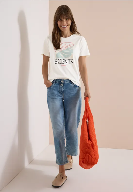 Baumwoll-T-Shirt mit Blätter-Print