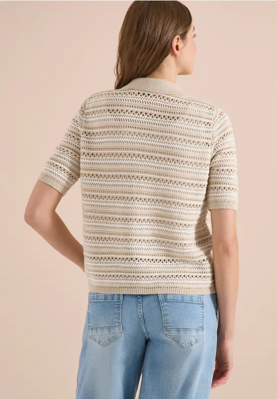 Kurzarm-Cardigan mit Ajourmuster und Polokragen