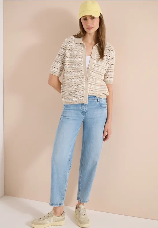 Kurzarm-Cardigan mit Ajourmuster und Polokragen