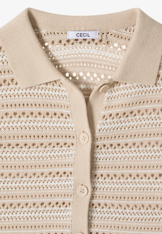 Kurzarm-Cardigan mit Ajourmuster und Polokragen