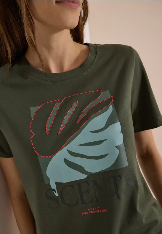 Baumwoll-T-Shirt mit Blattgrafik-Print