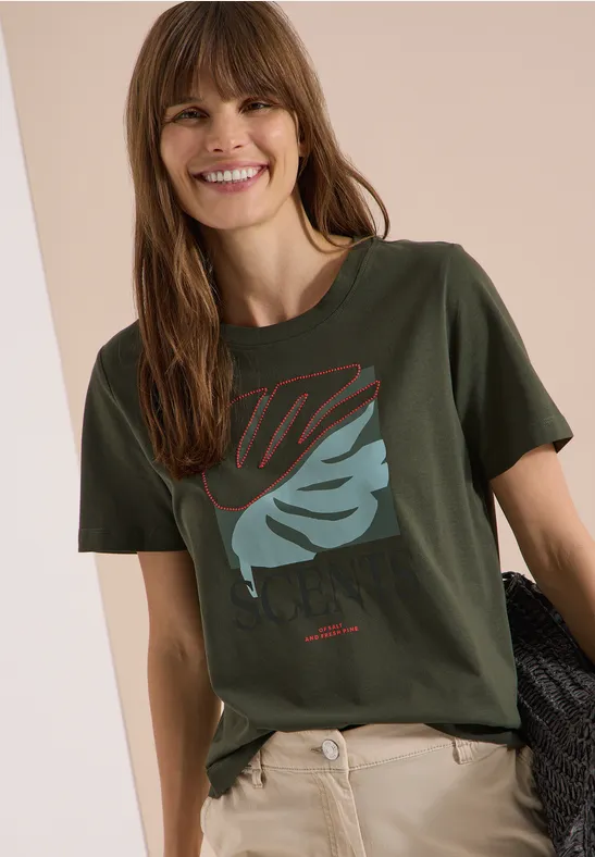 Baumwoll-T-Shirt mit Blattgrafik-Print