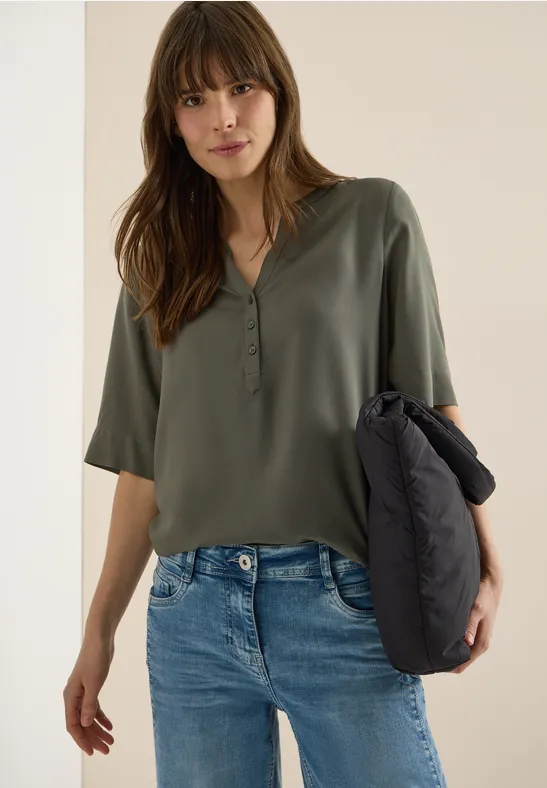 Bluse mit Split-Neck und Elastiksaum