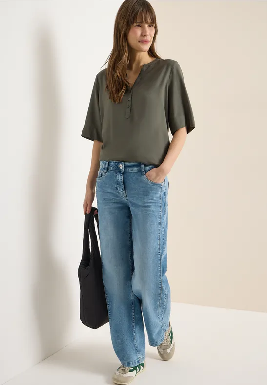Bluse mit Split-Neck und Elastiksaum