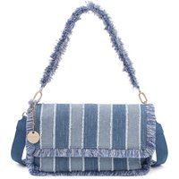 Gestreifte Denim-Schultertasche mit Fransen