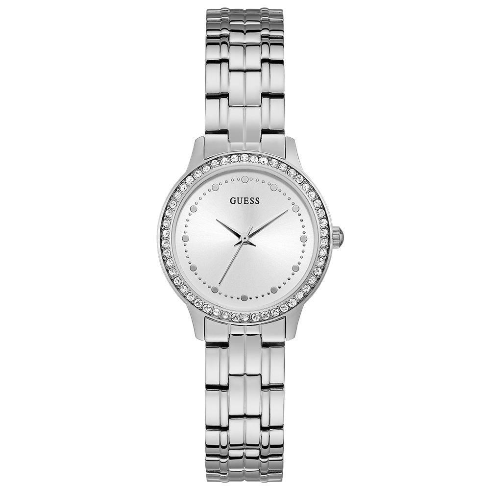 Elegante silberne Uhr mit Kristalllünette
