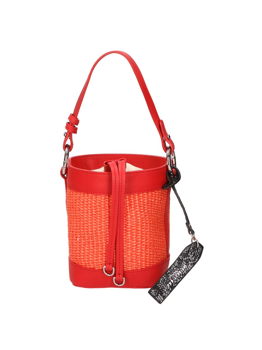 Geflochtene Beuteltasche mit Lederbesatz