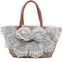 Stroh-Shopper mit Spitzenbesatz