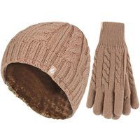 Zopfstrickmütze und Handschuhe im Set