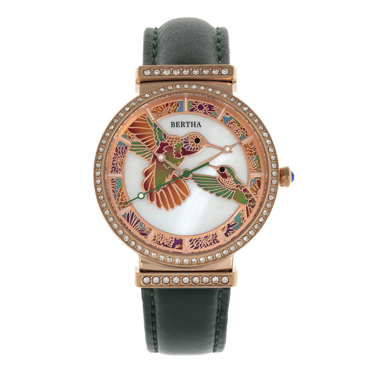 Armbanduhr mit Perlmutt-Zifferblatt und Kolibri