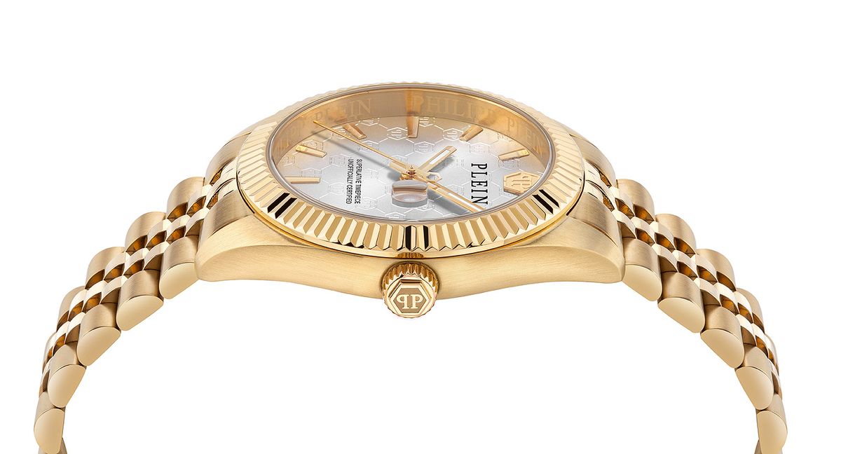 Elegante goldfarbene Uhr mit Riffellünette
