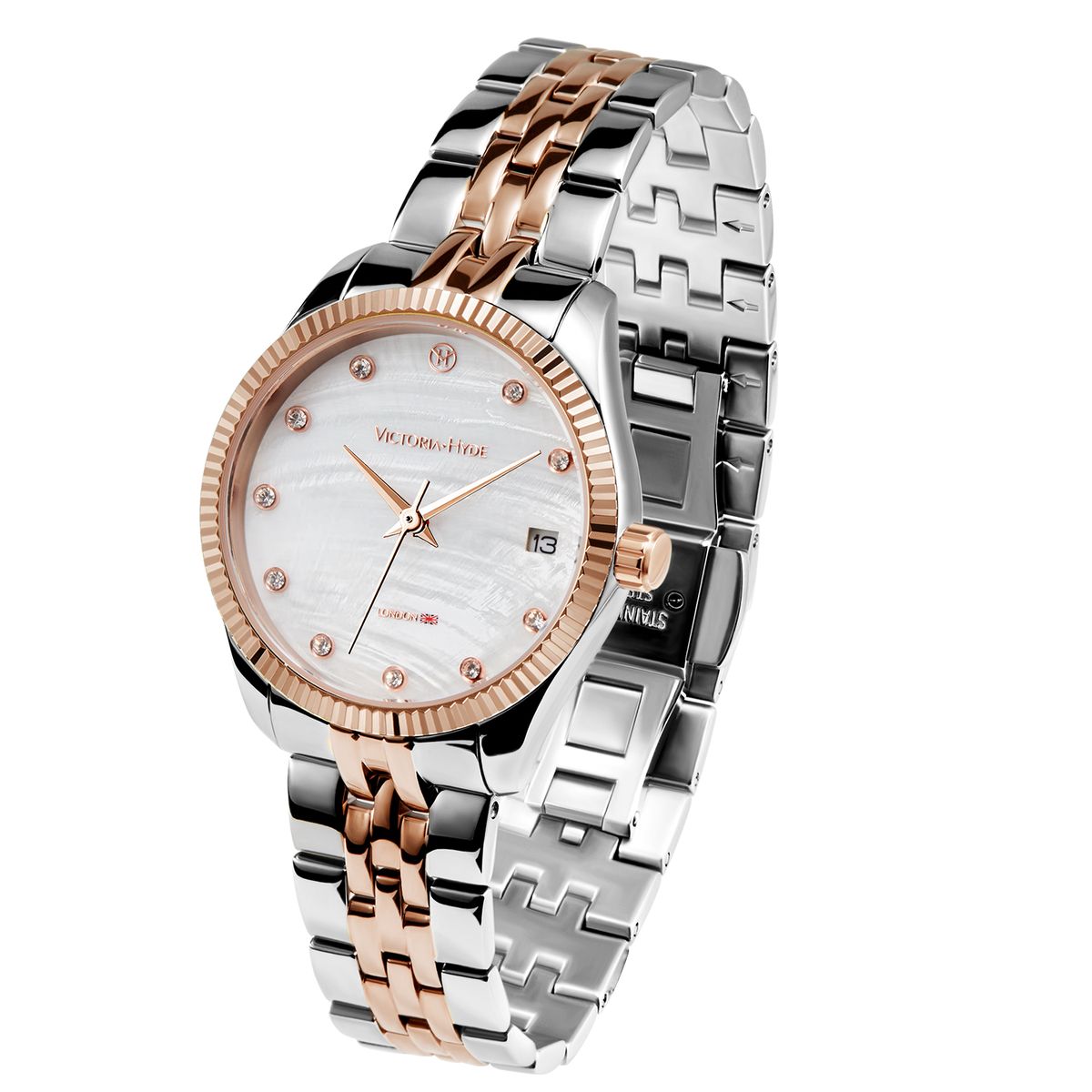 Bi-Color Metallarmbanduhr mit Kristallindizes