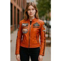 Biker-Lederjacke mit Racing-Badges