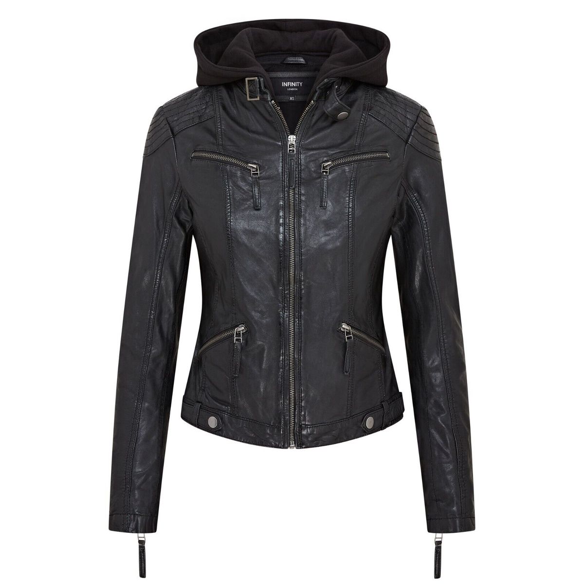 Klassische Leder-Bikerjacke mit Kapuze